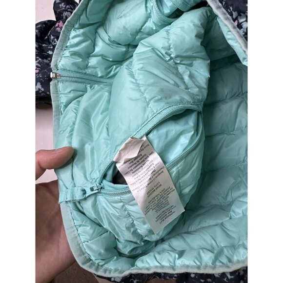 Eddie Bauer Girls Reversible Hooded Down Jacket (Aqua/Navy Print, M 10/12) - Picture 5 of 10